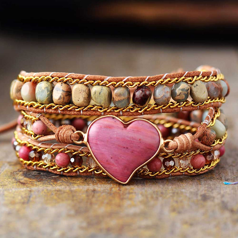 Wickelarmband | Leder Nachhaltig Herzförmig Rhodochrosit Stilvoll Einzigartig-Luzern Mode