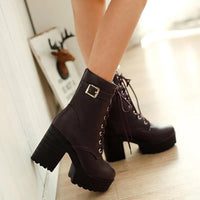 Damen Stiefeletten mit Blockabsatz und Schnürung-Braun-35-Luzern Mode