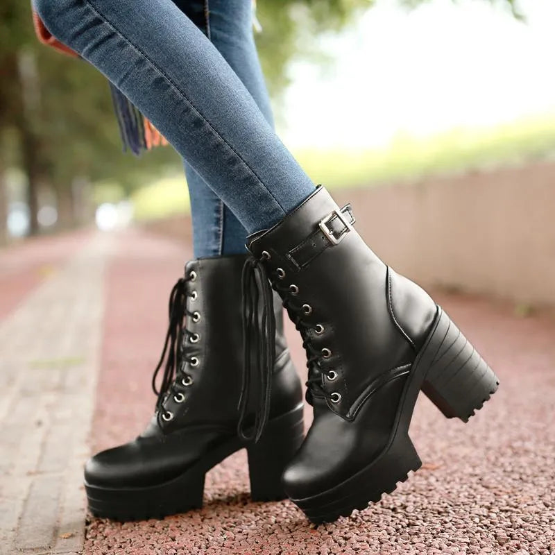 Damen Stiefeletten mit Blockabsatz und Schnürung-Schwarz-35-Luzern Mode