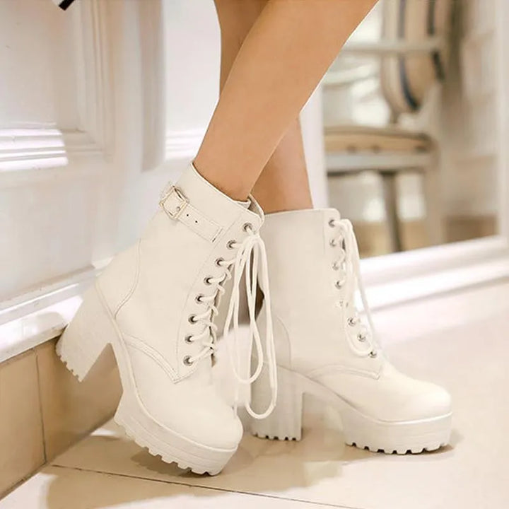 Damen Stiefeletten mit Blockabsatz und Schnürung-Weiß-35-Luzern Mode