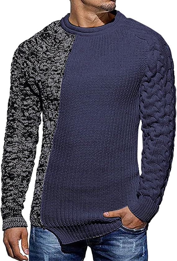 Herren Strickpullover mit Zopfmuster und Rundhalsausschnitt-Blau Grau-M-Luzern Mode