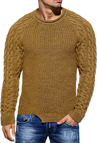 Herren Strickpullover mit Zopfmuster und Rundhalsausschnitt-Braun-M-Luzern Mode