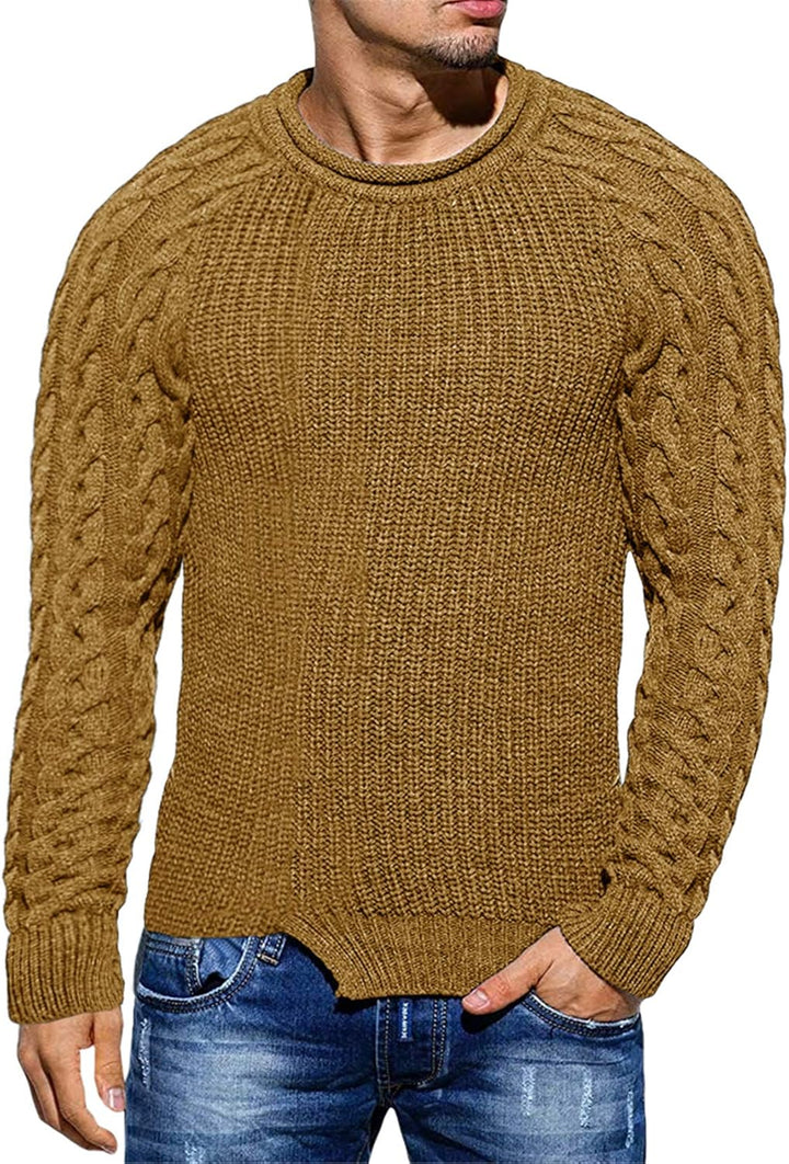 Herren Strickpullover mit Zopfmuster und Rundhalsausschnitt-Braun-M-Luzern Mode