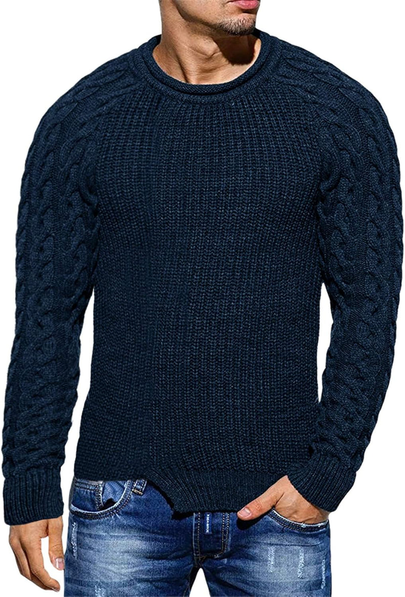 Herren Strickpullover mit Zopfmuster und Rundhalsausschnitt-Dunkelblau-M-Luzern Mode