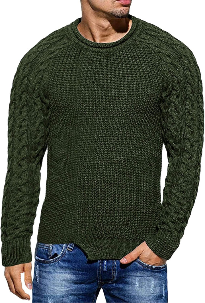 Herren Strickpullover mit Zopfmuster und Rundhalsausschnitt-Grün-M-Luzern Mode