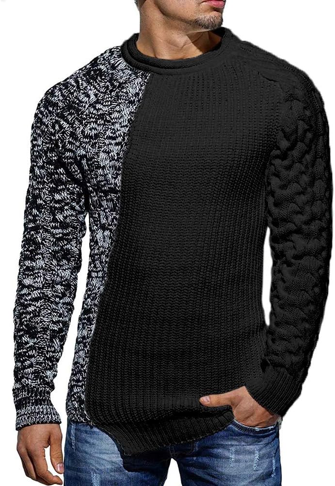 Herren Strickpullover mit Zopfmuster und Rundhalsausschnitt-Schwarz Grau-M-Luzern Mode