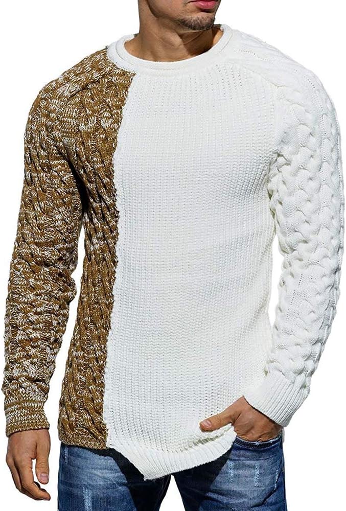 Herren Strickpullover mit Zopfmuster und Rundhalsausschnitt-Weiß Braun-M-Luzern Mode