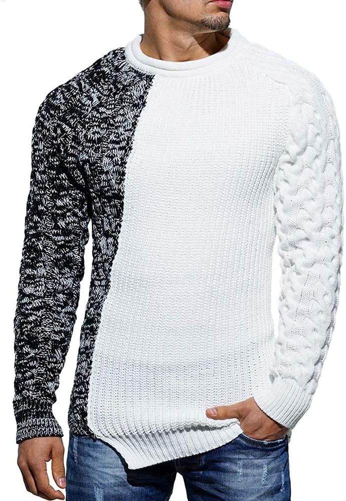 Herren Strickpullover mit Zopfmuster und Rundhalsausschnitt-Weiß Grau-M-Luzern Mode