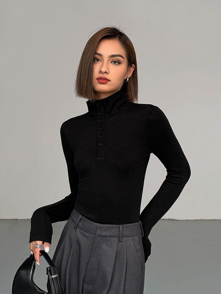 Damen Rollkragenpullover mit Knopfleiste - Eleganter Look-Luzern Mode