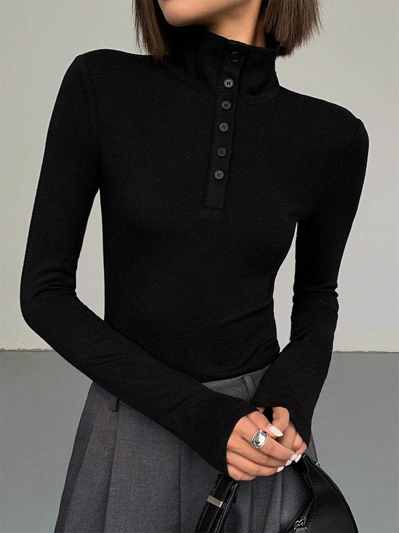 Damen Rollkragenpullover mit Knopfleiste - Eleganter Look-Schwarz-XS-Luzern Mode