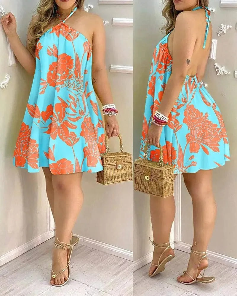 Sommerkleid Damen Rückenfrei | Halterneck | Tropen Look | Luftig für Urlaub-Luzern Mode