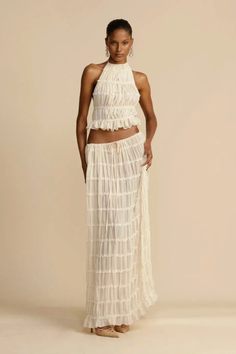 Damen Kleidungsset | 2-teilig | Luftig | Chiffon | Rückenfrei | Ärmellos-Weiß-S-Luzern Mode