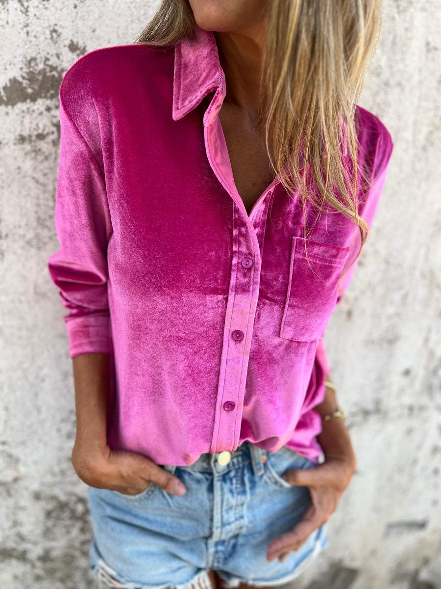 Damen Samtbluse Rückansicht - Elegante Freizeitmode-Knallrosa-S-Luzern Mode