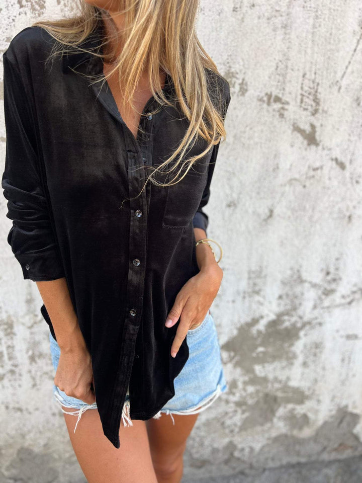 Damen Samtbluse Rückansicht - Elegante Freizeitmode-Schwarz-S-Luzern Mode