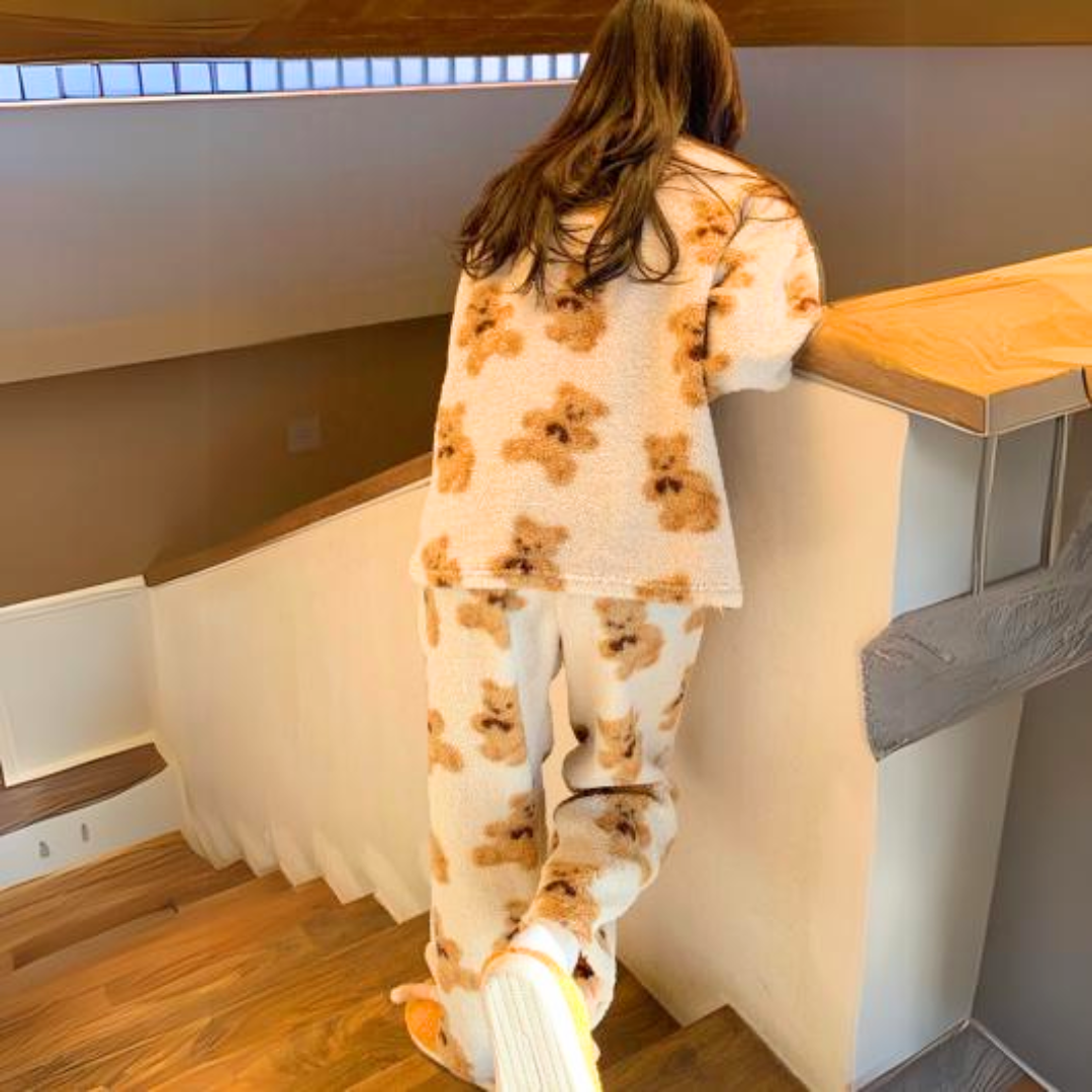 Damen Pyjama | Bärenprint | Weich | Fleece | Warm | Locker Sitzend-Luzern Mode
