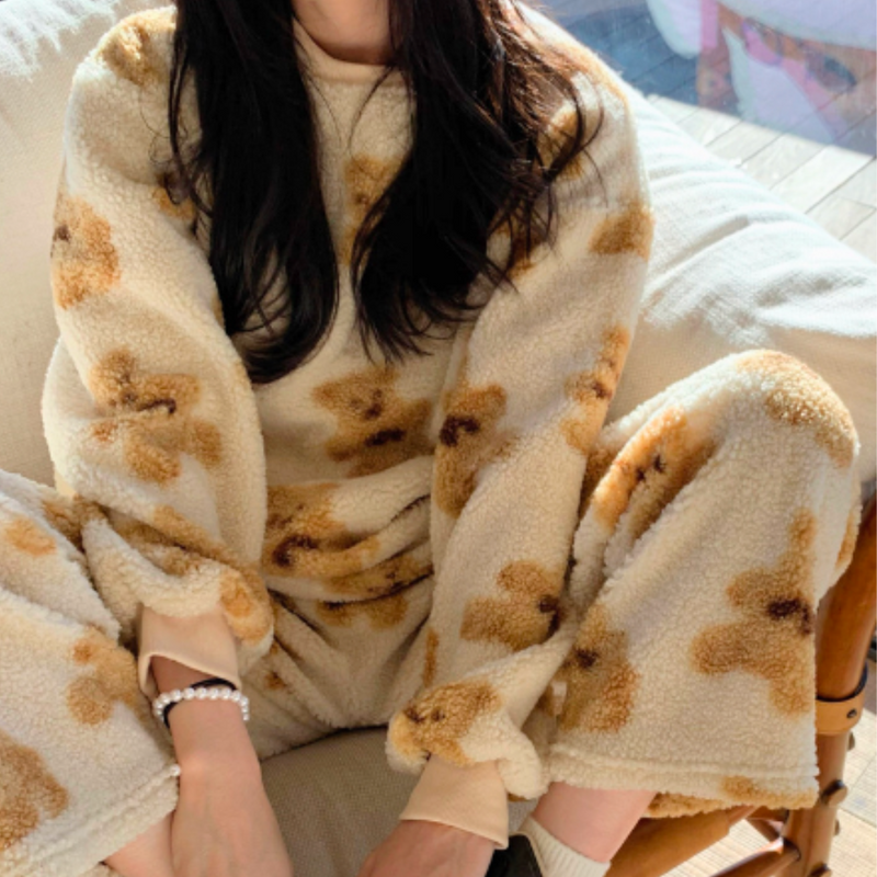 Damen Pyjama | Bärenprint | Weich | Fleece | Warm | Locker Sitzend-Luzern Mode