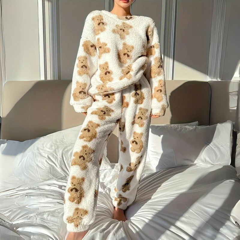 Damen Pyjama | Bärenprint | Weich | Fleece | Warm | Locker Sitzend-M-Luzern Mode