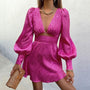 Damen Partykleid mit tiefem Ausschnitt und Puffärmeln-Rosa-S-Luzern Mode
