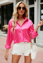 Damenbluse | Satinstoff | Einfarbig | Locker | Knopfleiste | Langarm-Rosa-S-Luzern Mode
