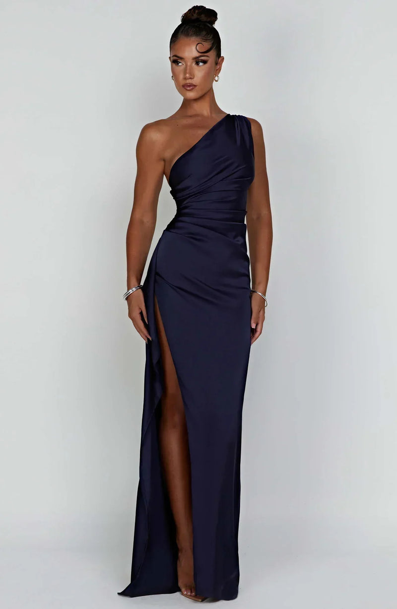 Maxi Kleid mit einem Schulter | Schlitz | Uni | Ärmellos | Falten-Dunkelblau-XS-Luzern Mode