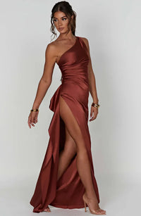 Maxi Kleid mit einem Schulter | Schlitz | Uni | Ärmellos | Falten-Dunkelrosa-XS-Luzern Mode