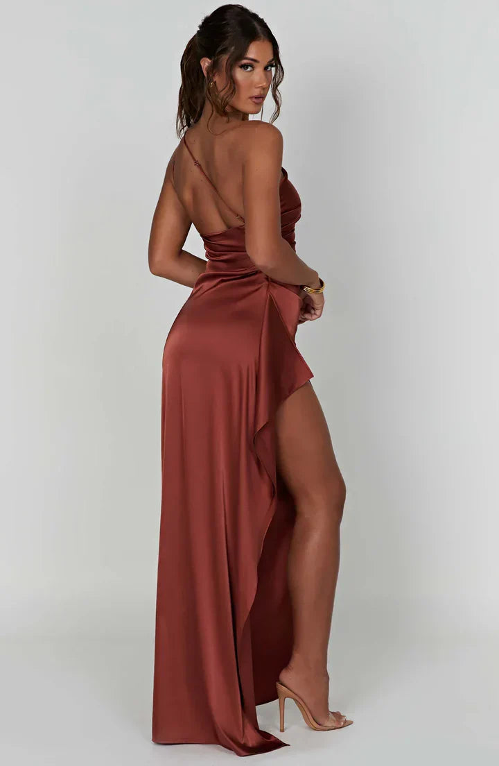 Maxi Kleid mit einem Schulter | Schlitz | Uni | Ärmellos | Falten-Luzern Mode