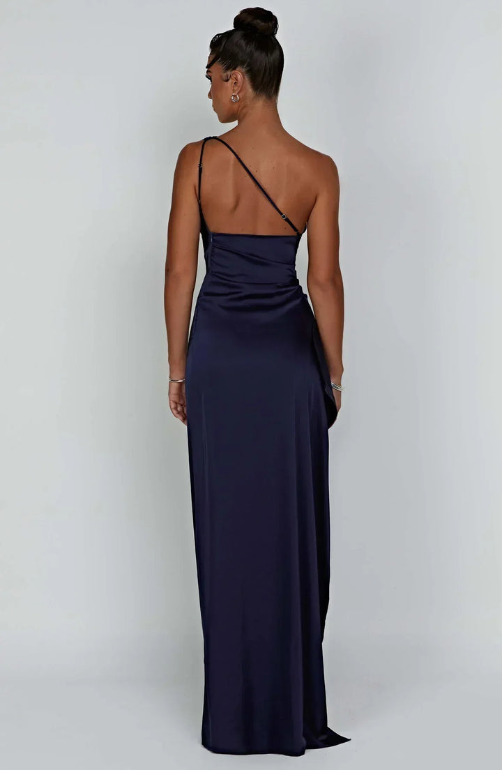 Maxi Kleid mit einem Schulter | Schlitz | Uni | Ärmellos | Falten-Luzern Mode