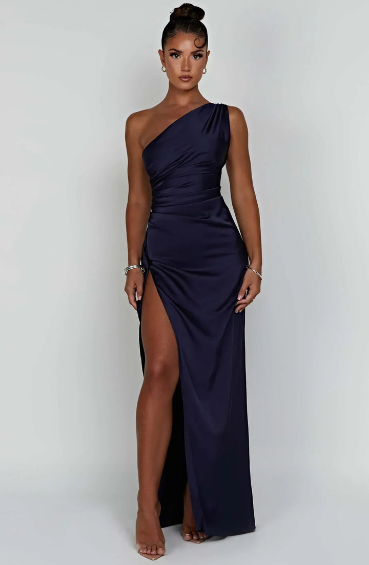 Maxi Kleid mit einem Schulter | Schlitz | Uni | Ärmellos | Falten-Luzern Mode
