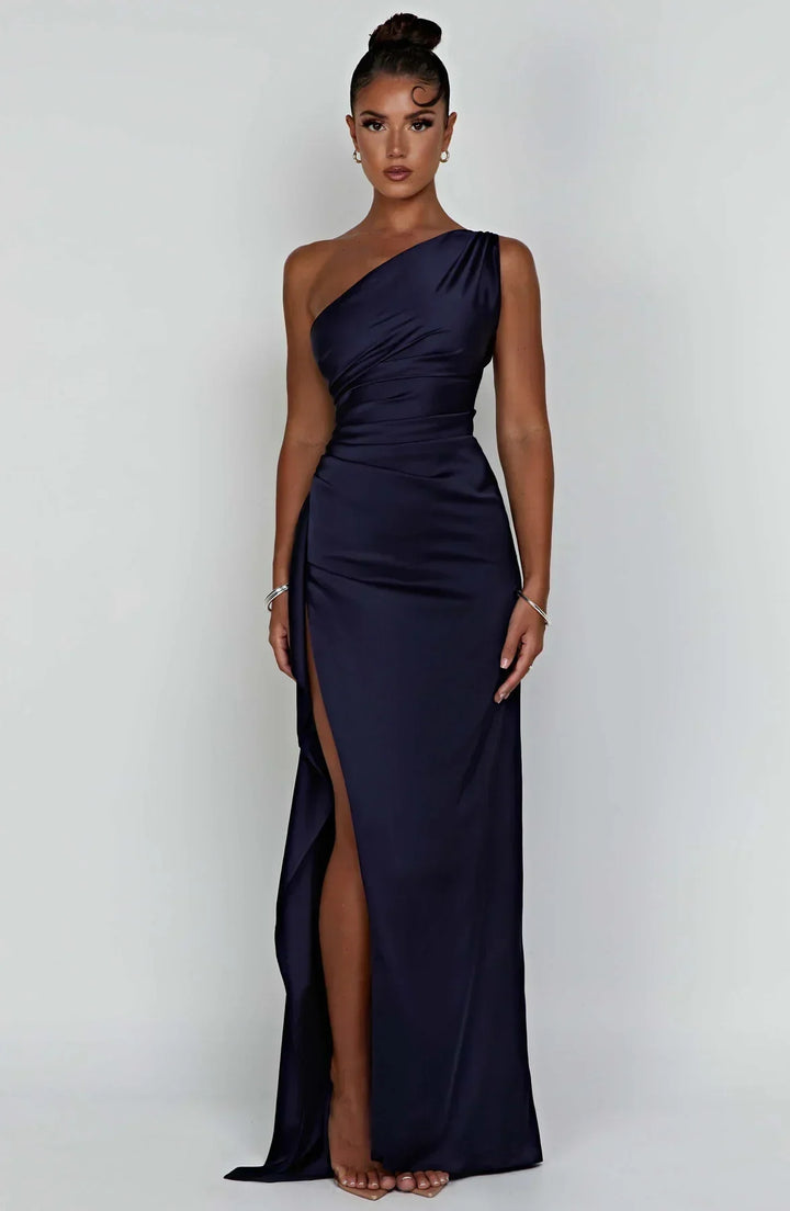 Maxi Kleid mit einem Schulter | Schlitz | Uni | Ärmellos | Falten-Luzern Mode