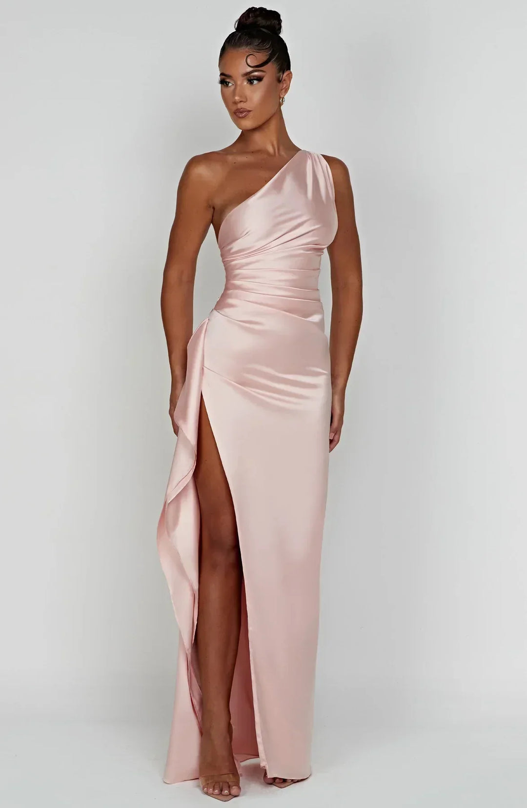 Maxi Kleid mit einem Schulter | Schlitz | Uni | Ärmellos | Falten-Luzern Mode