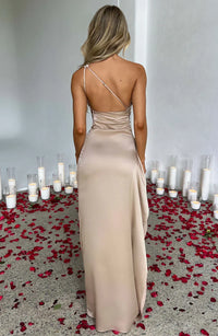 Maxi Kleid mit einem Schulter | Schlitz | Uni | Ärmellos | Falten-Luzern Mode