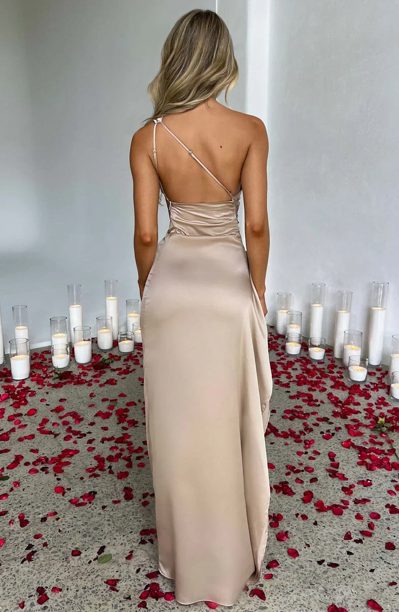Maxi Kleid mit einem Schulter | Schlitz | Uni | Ärmellos | Falten-Luzern Mode
