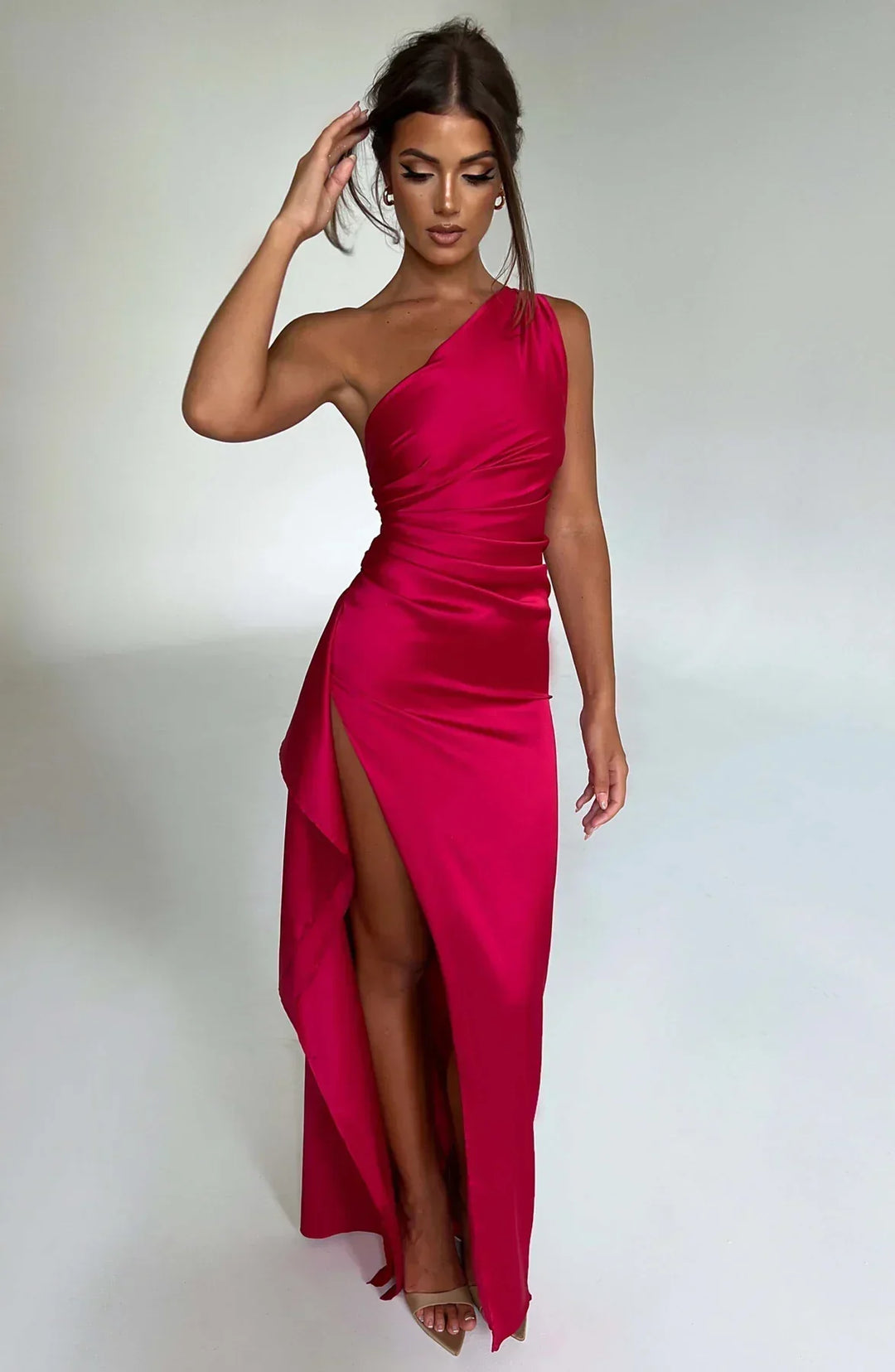Maxi Kleid mit einem Schulter | Schlitz | Uni | Ärmellos | Falten-Luzern Mode