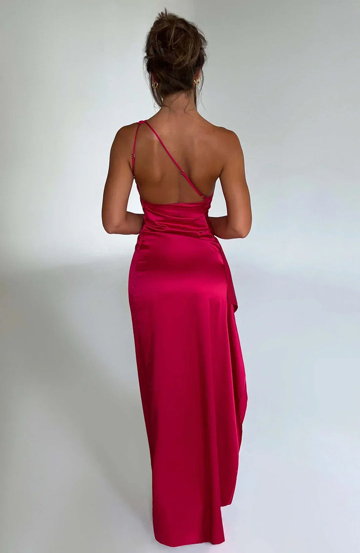 Maxi Kleid mit einem Schulter | Schlitz | Uni | Ärmellos | Falten-Luzern Mode