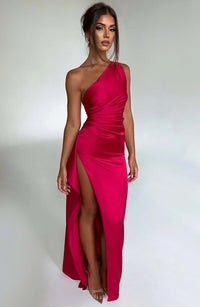 Maxi Kleid mit einem Schulter | Schlitz | Uni | Ärmellos | Falten-Rot-XS-Luzern Mode