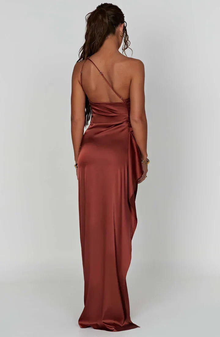Maxi Kleid mit einem Schulter | Schlitz | Uni | Ärmellos | Falten-Luzern Mode