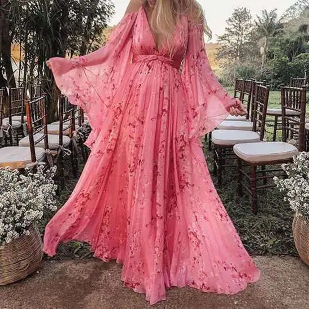 Rosa Chiffonkleid | Auslaufende Ärmel | Lang | Schwungvoll | Chiffon-Luzern Mode