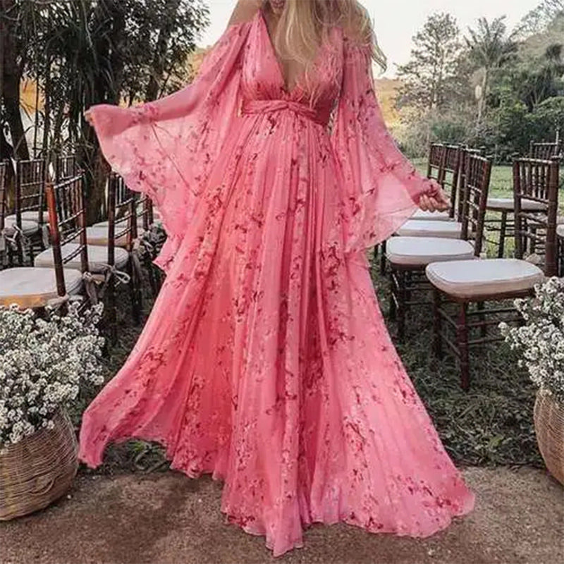 Rosa Chiffonkleid | Auslaufende Ärmel | Lang | Schwungvoll | Chiffon-Luzern Mode
