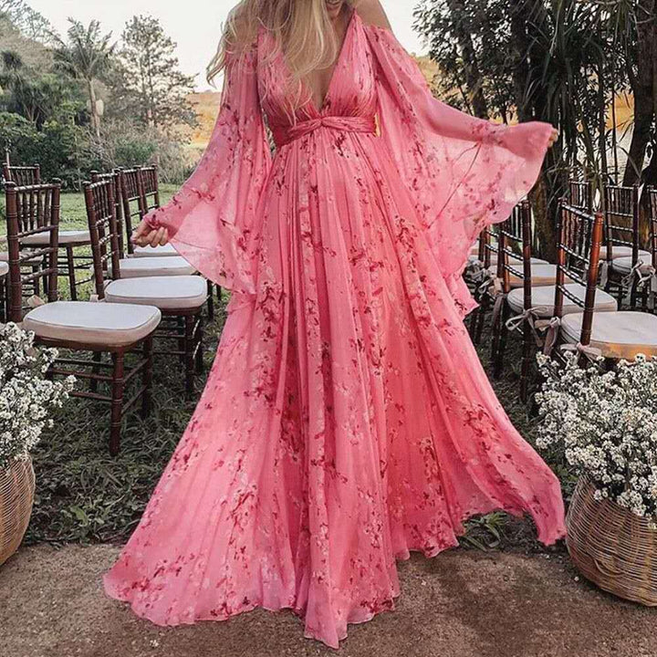 Rosa Chiffonkleid | Auslaufende Ärmel | Lang | Schwungvoll | Chiffon-S-Luzern Mode