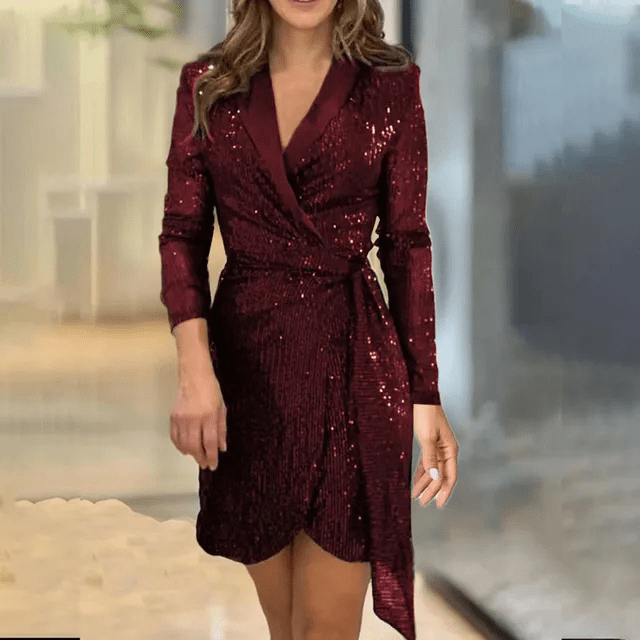 Blazer-Kleid | Figurschmeichelnd | V-Ausschnitt | Knielang | Lange Ärmel | Kragen-Rot-S-Luzern Mode