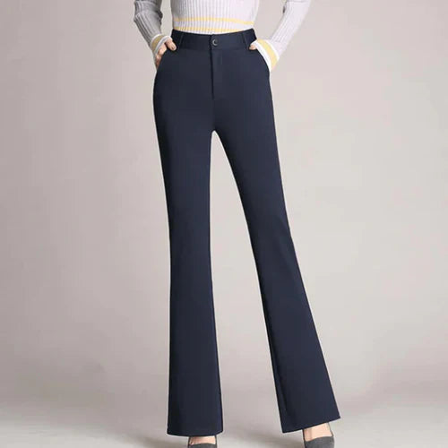 Damenhose | Slim Fit | Ausgestellt | Hohe Taille | Knopf | Unifarben-Dunkelblau-S-Luzern Mode