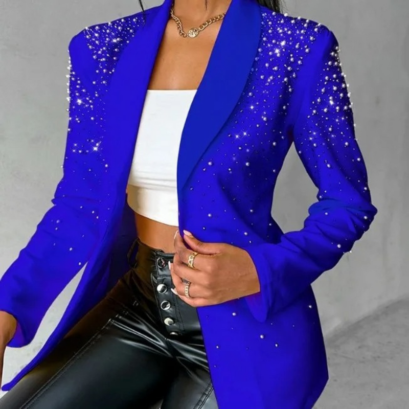 Eleganter Damenblazer mit Perlenbesatz für Partys-Blau-S-Luzern Mode
