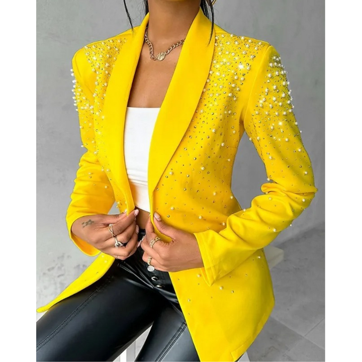 Eleganter Damenblazer mit Perlenbesatz für Partys-Gelb-S-Luzern Mode