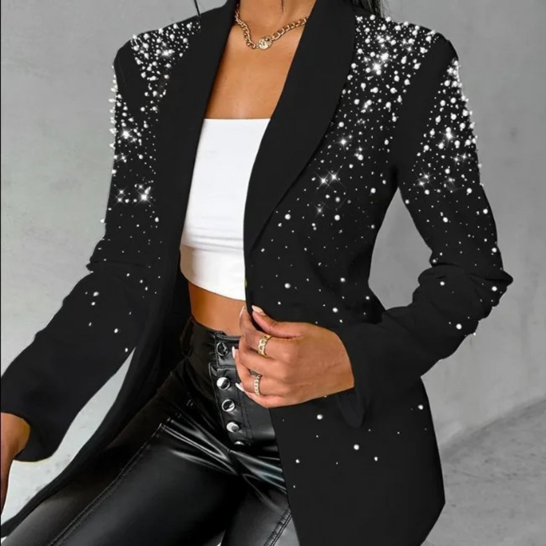 Eleganter Damenblazer mit Perlenbesatz für Partys-Schwarz-S-Luzern Mode