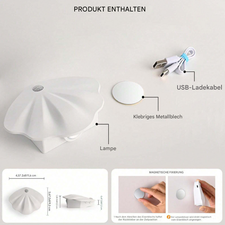 Muschel Lampe mit Bewegungsmelder | Einstellbar | LED | Kabellos | USB-Luzern Mode