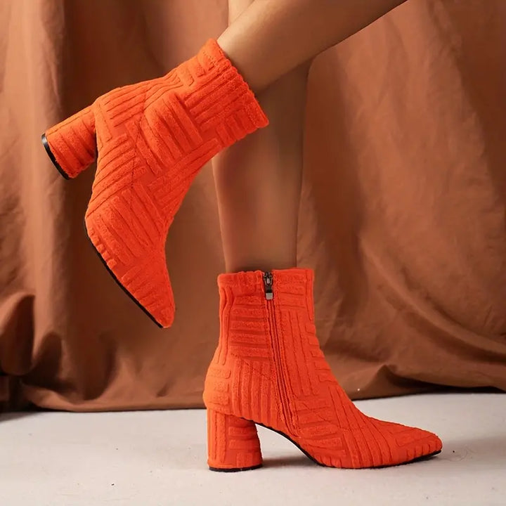 Damen Stiefeletten mit Blockabsatz und Reißverschluss-Orange-36-Luzern Mode