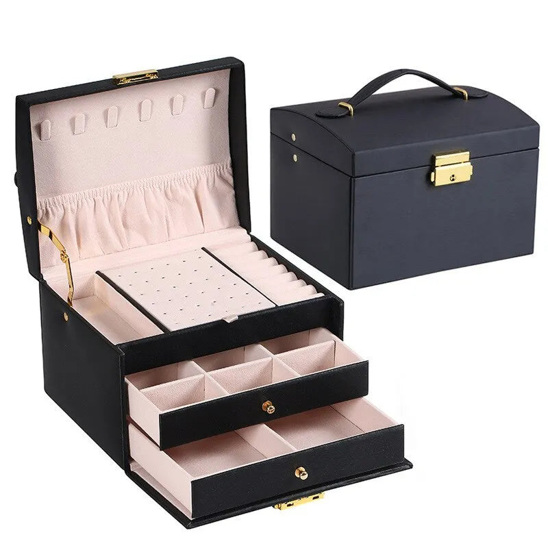 Schmuckschatulle | 3 Schubladen | Veganes Leder | Übersichtliche | Samt-Schwarz-Luzern Mode