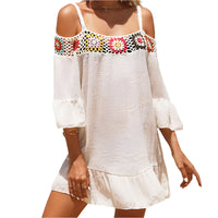 Luftiges Sommer Minikleid Damen | Schulterfrei locker | Bequem vielseitig-Beige-Einheitsgrösse-Luzern Mode