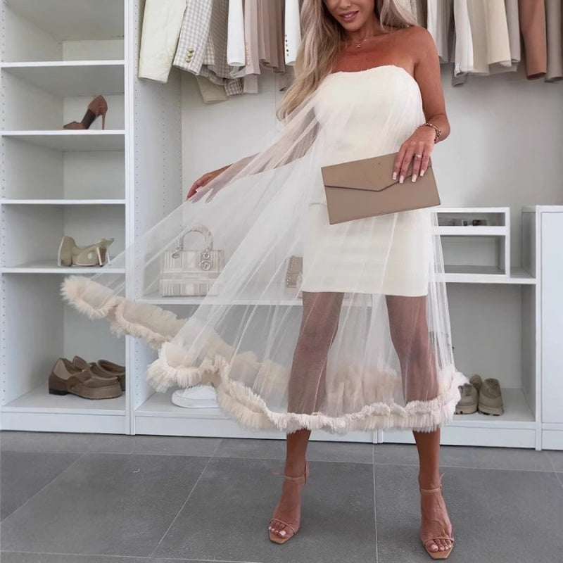 Schulterfreies Kleid Damen | Tüll | Rüschen | Kurz | Figurbetont | Party Look-Weiß-S-Luzern Mode