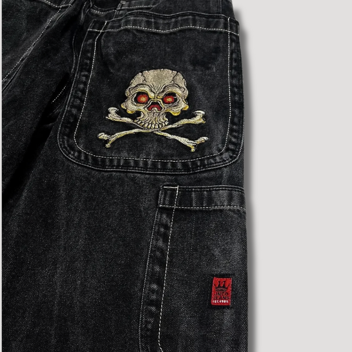 Schwarze Damenjeans | Baggy | Hohe Taille | Denim | Totenkopf | Robust-Luzern Mode